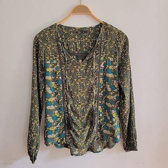 Prana Faith Floral Peasant Blouse Self Tie Keyhole‎ Long Sleeve Boho Hippie - Picture 3 of 11